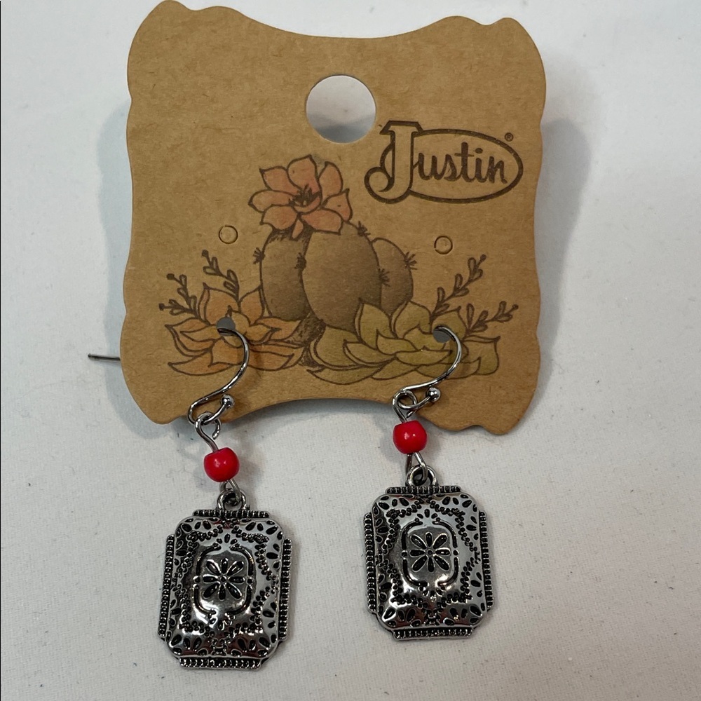 Justin Boots Silver Earrings with Red Beads